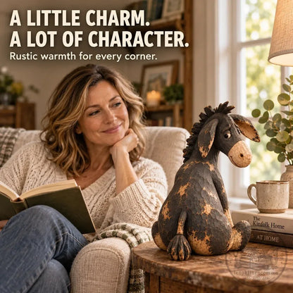 Rustic Vintage Donkey Figurine – Funny Farmhouse Tabletop Decor with Distressed Wood-Look Finish