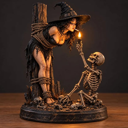 Witch & Skeleton Candle Scene Figurine – Dark Gothic Halloween Tabletop Decor