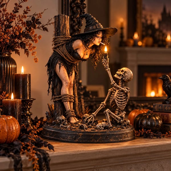 Witch & Skeleton Candle Scene Figurine – Dark Gothic Halloween Tabletop Decor