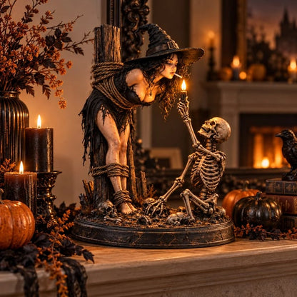 Witch & Skeleton Candle Scene Figurine – Dark Gothic Halloween Tabletop Decor