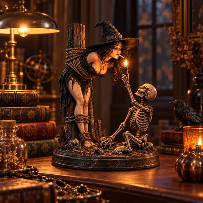 Witch & Skeleton Candle Scene Figurine – Dark Gothic Halloween Tabletop Decor
