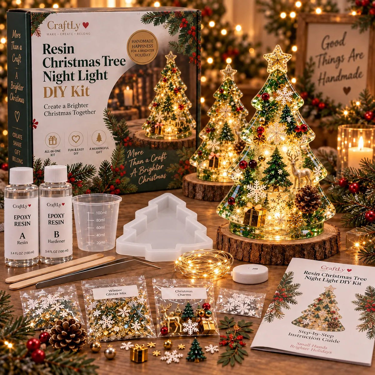 🎄 Christmas Tree Night Light DIY Kit | Complete Kit with Mold, Resin, Fairy Lights & Festive Decorations ✨