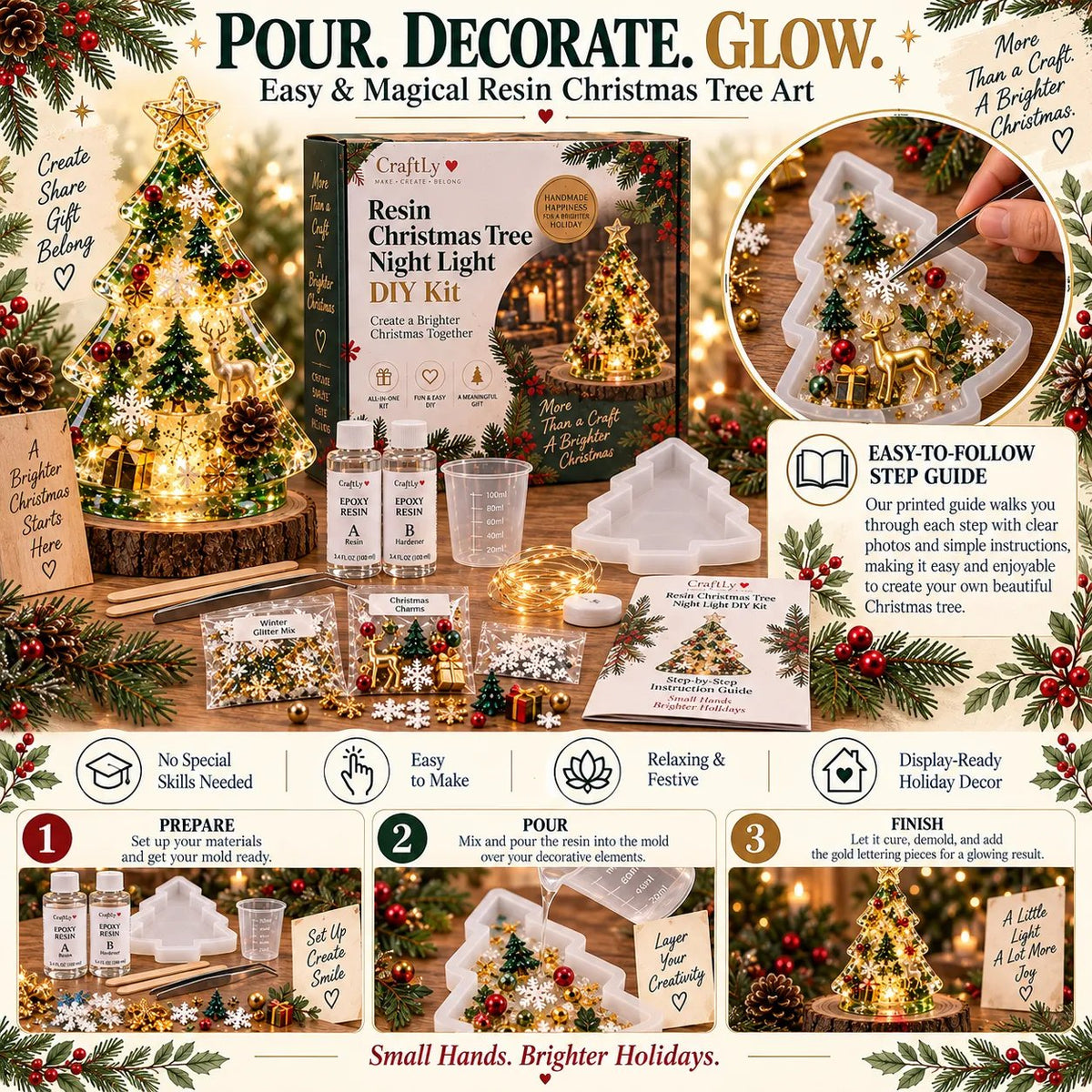 🎄 Christmas Tree Night Light DIY Kit | Complete Kit with Mold, Resin, Fairy Lights & Festive Decorations ✨