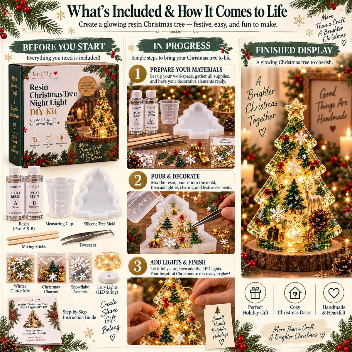 🎄 Christmas Tree Night Light DIY Kit | Complete Kit with Mold, Resin, Fairy Lights & Festive Decorations ✨