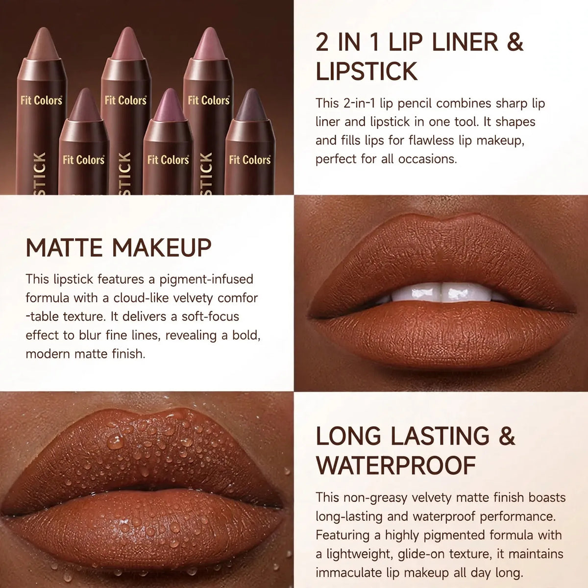 💄Long-Lasting Matte Brown Lip Liner & Lipstick – 6 Colors
