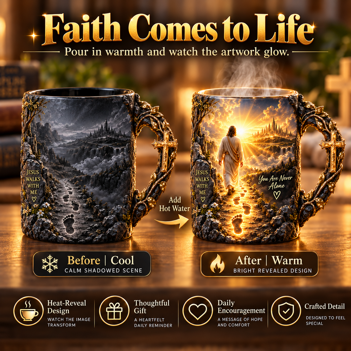 ✝️ 🎁 Jesus Walks With Me Mug – Heat-Reveal Christian Gift of Faith