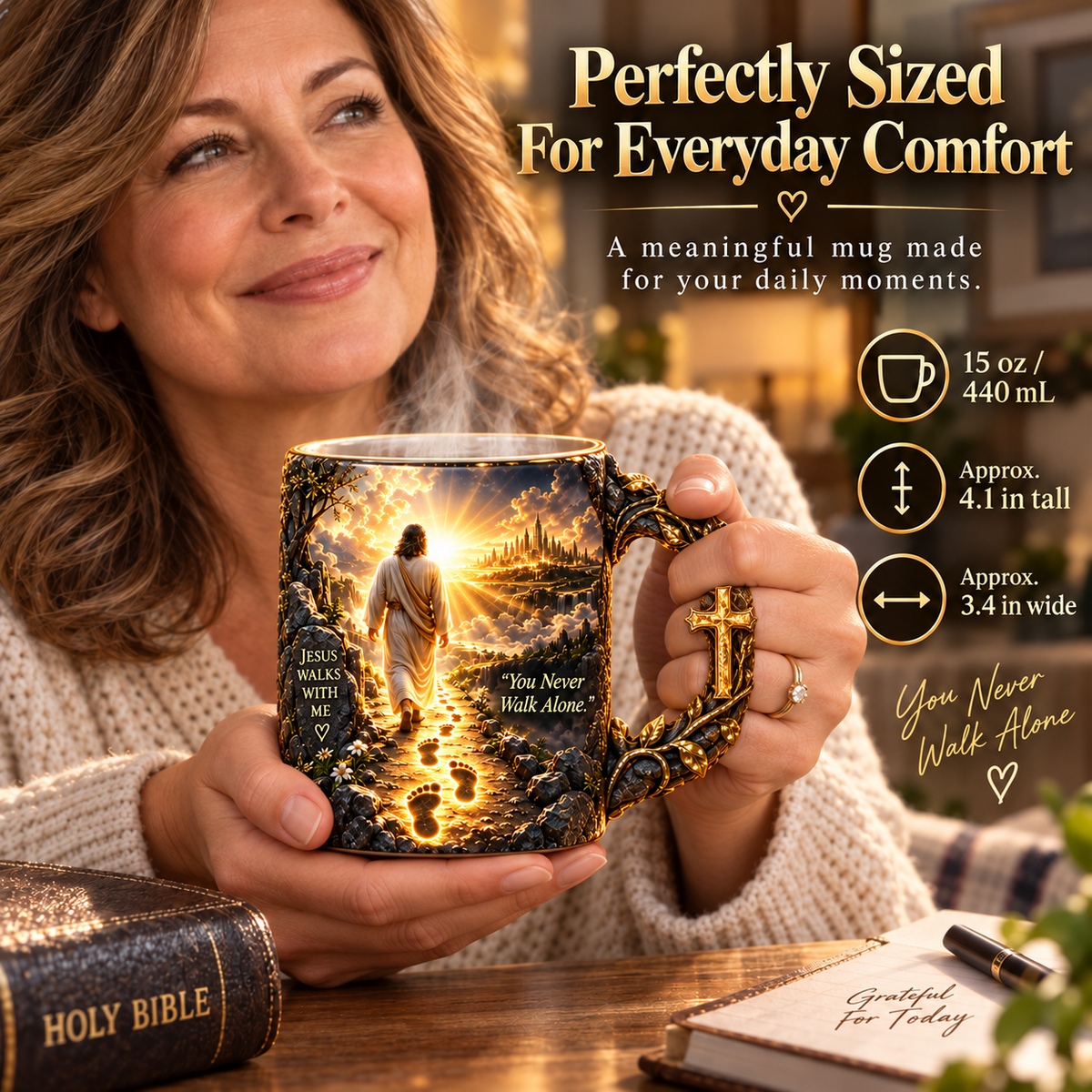 Product size illustration for the faith mug alongside a person holding the mug