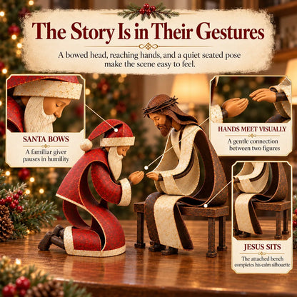 ✝️ Santa Kneeling Before Jesus Christmas Figurines | Meaningful Wood & Iron Faith Décor 🎄
