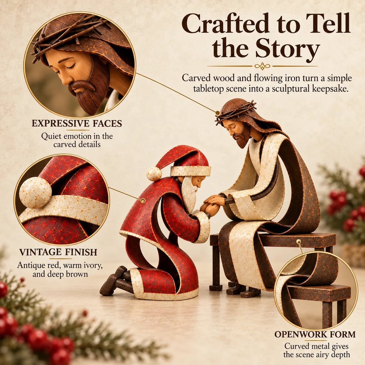 ✝️ Santa Kneeling Before Jesus Christmas Figurines | Meaningful Wood & Iron Faith Décor 🎄