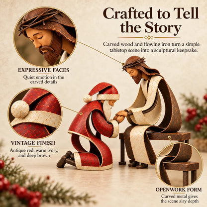 ✝️ Santa Kneeling Before Jesus Christmas Figurines | Meaningful Wood & Iron Faith Décor 🎄