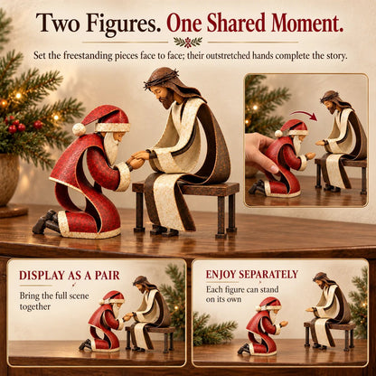 ✝️ Santa Kneeling Before Jesus Christmas Figurines | Meaningful Wood & Iron Faith Décor 🎄