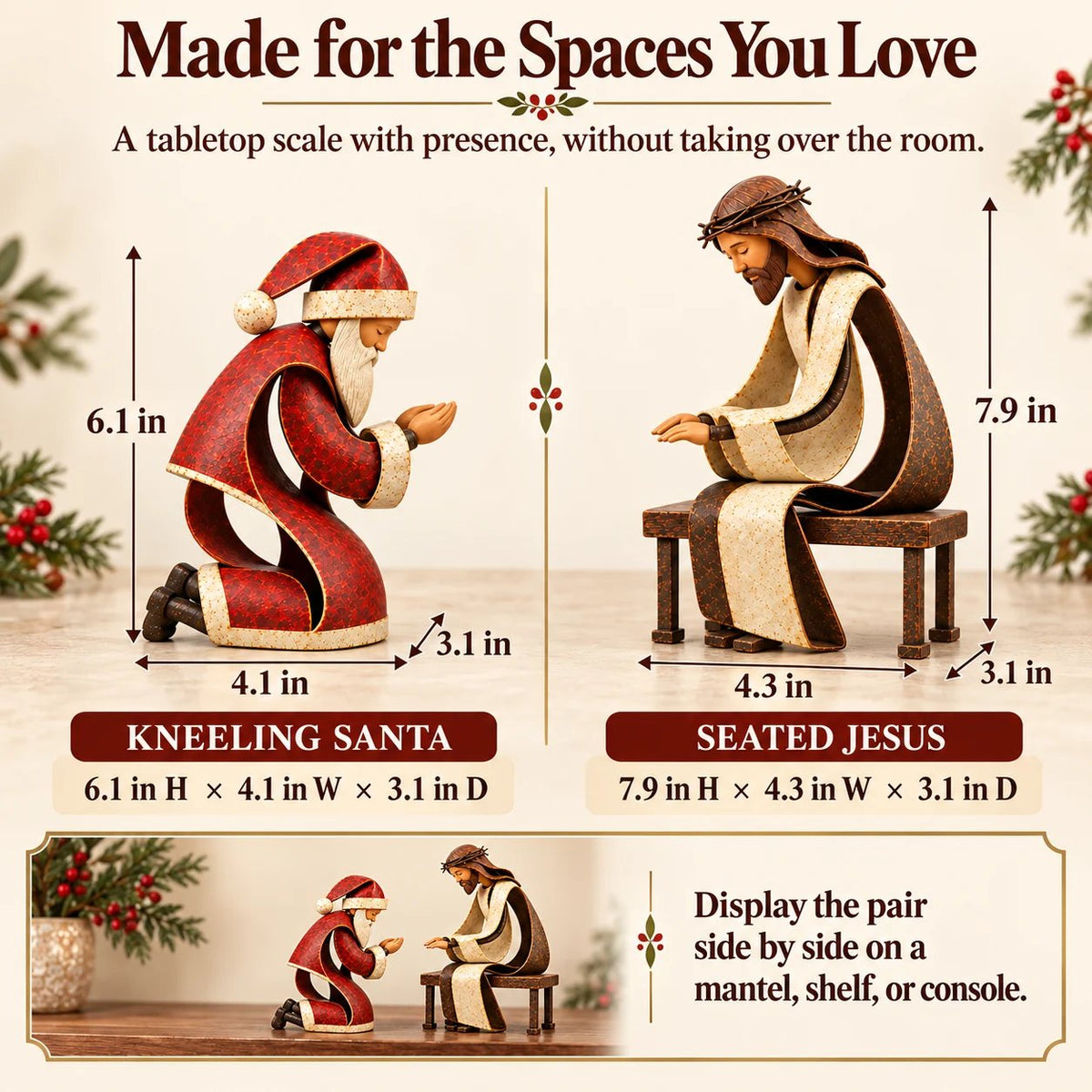 ✝️ Santa Kneeling Before Jesus Christmas Figurines | Meaningful Wood & Iron Faith Décor 🎄