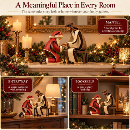 ✝️ Santa Kneeling Before Jesus Christmas Figurines | Meaningful Wood & Iron Faith Décor 🎄