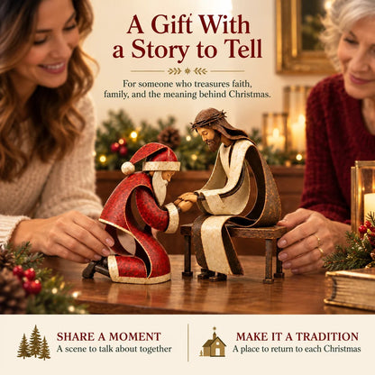 ✝️ Santa Kneeling Before Jesus Christmas Figurines | Meaningful Wood & Iron Faith Décor 🎄