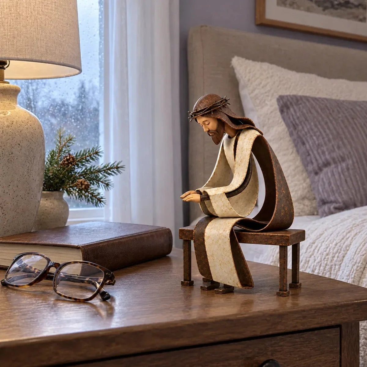 ✝️ Santa Kneeling Before Jesus Christmas Figurines | Meaningful Wood & Iron Faith Décor 🎄