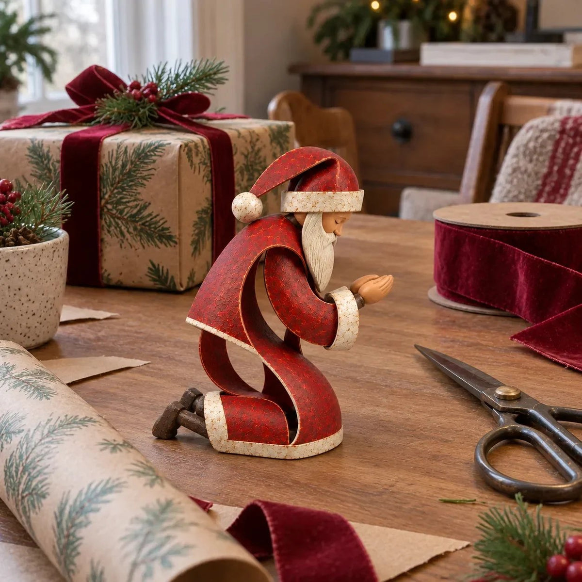 ✝️ Santa Kneeling Before Jesus Christmas Figurines | Meaningful Wood & Iron Faith Décor 🎄