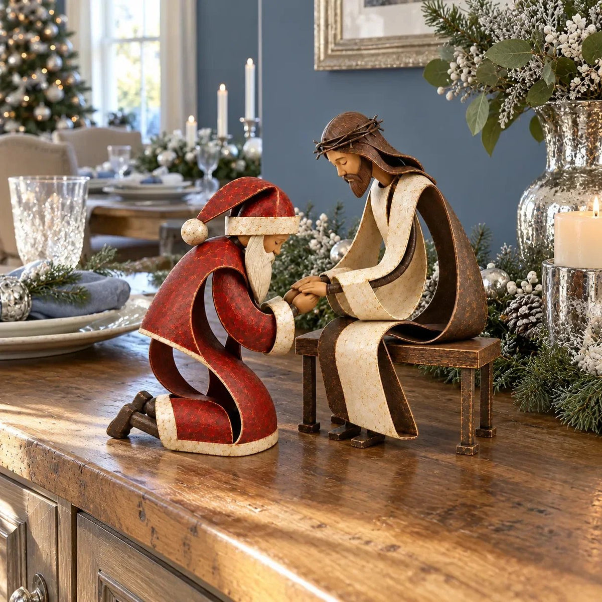 ✝️ Santa Kneeling Before Jesus Christmas Figurines | Meaningful Wood & Iron Faith Décor 🎄