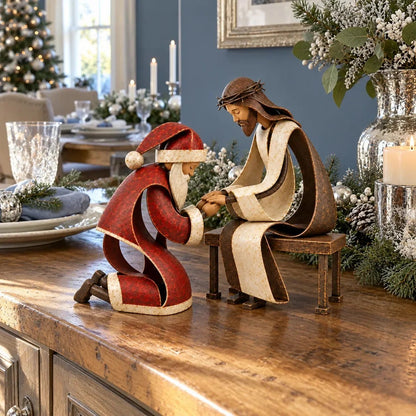 ✝️ Santa Kneeling Before Jesus Christmas Figurines | Meaningful Wood & Iron Faith Décor 🎄