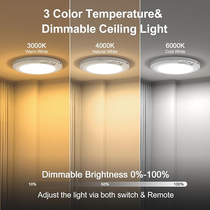 Magnetic 3-Color Rechargeable LED Ceiling Light with Remote