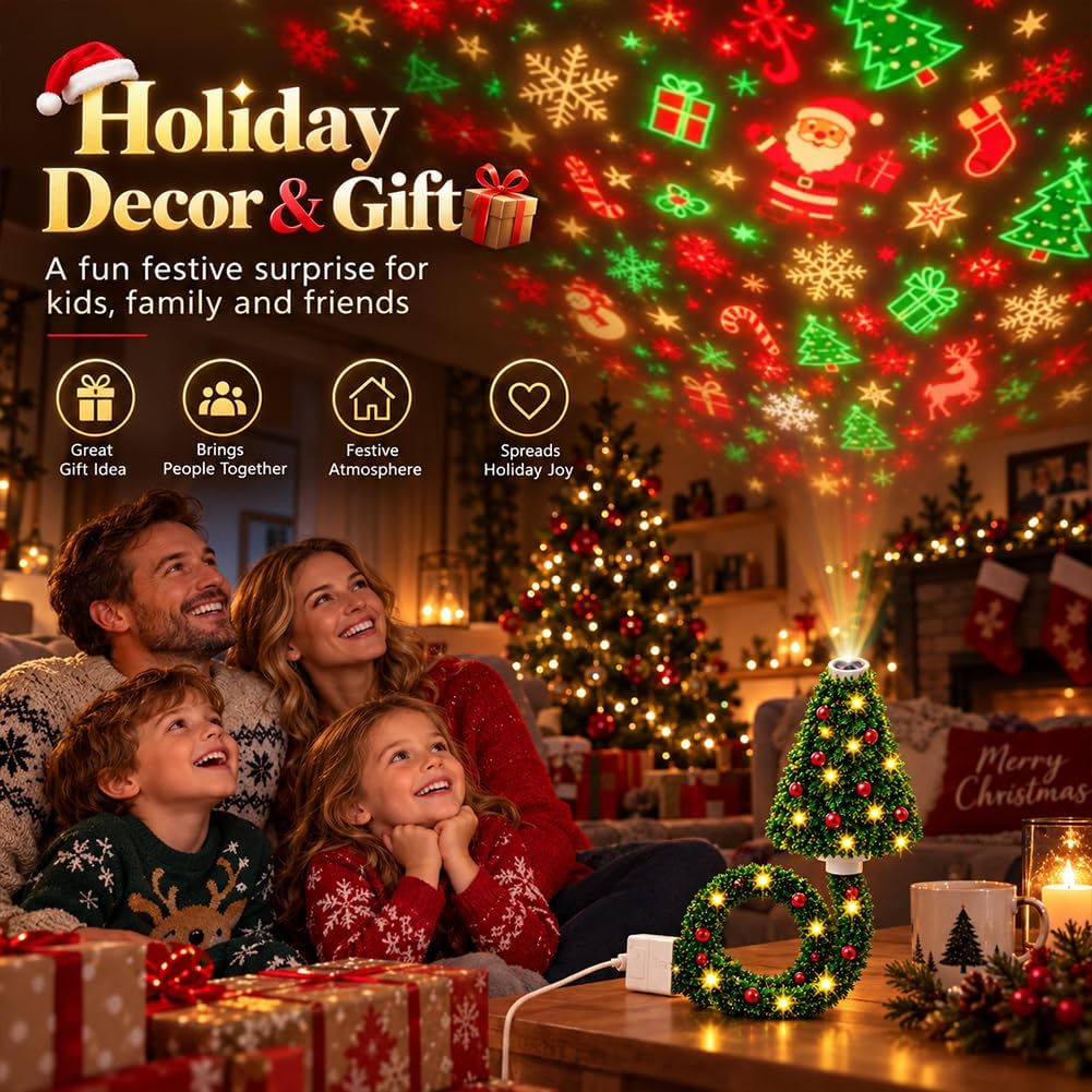 Christmas Tree Shape Projector Light, Dual Holiday Halloween & Christmas Pattern Projection Lamp for Home Party Decor