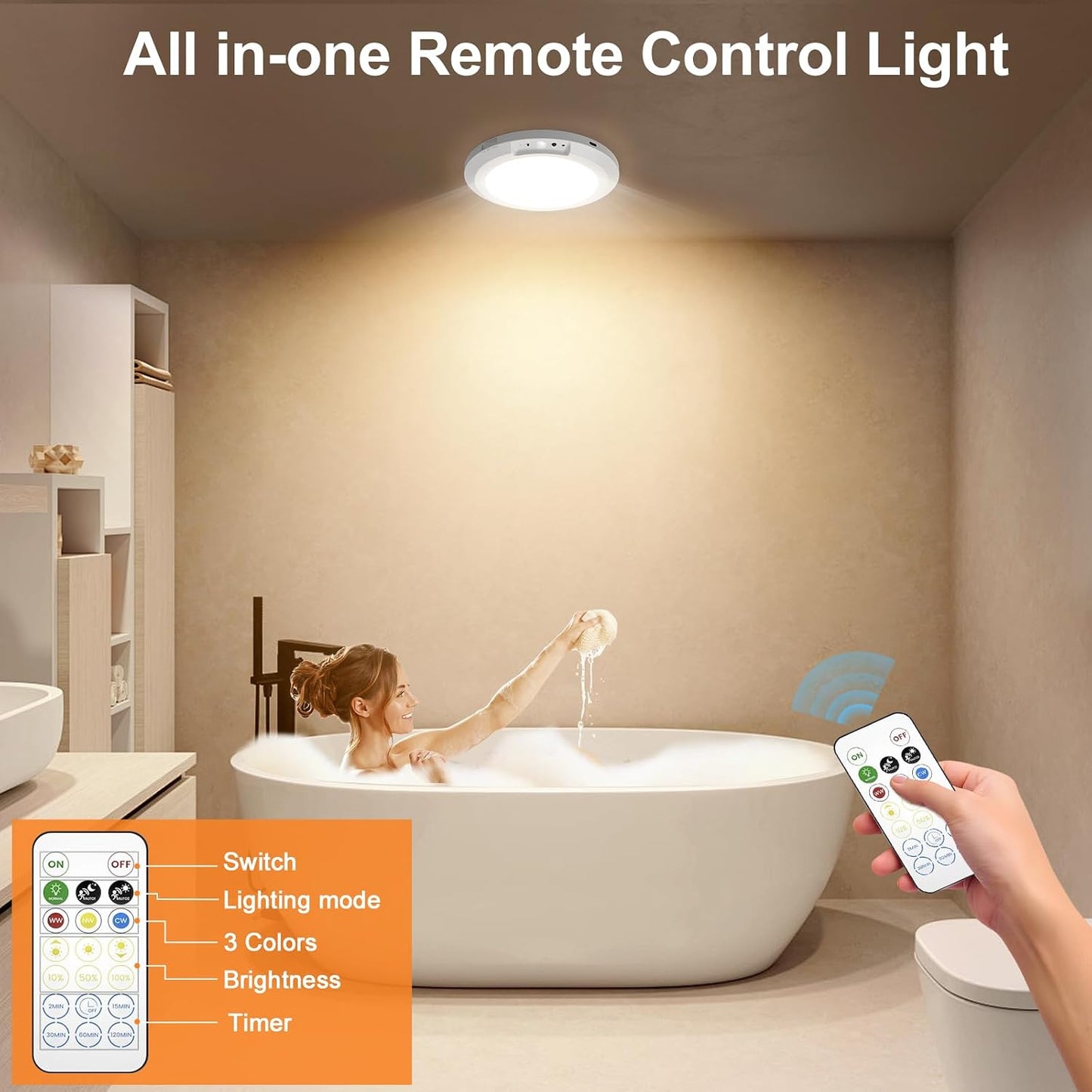 Magnetic 3-Color Rechargeable LED Ceiling Light with Remote