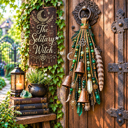 🌙 Witchy Door Charm | Celestial Hanging Décor with Moons, Crystals, Beads, Feathers & Vintage Bells for Doors