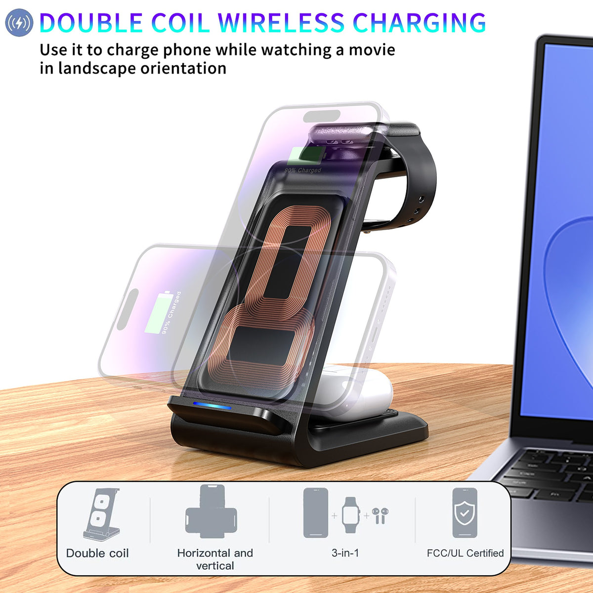 3-in-1 Wireless Charging Station with Apple Watch Charger
