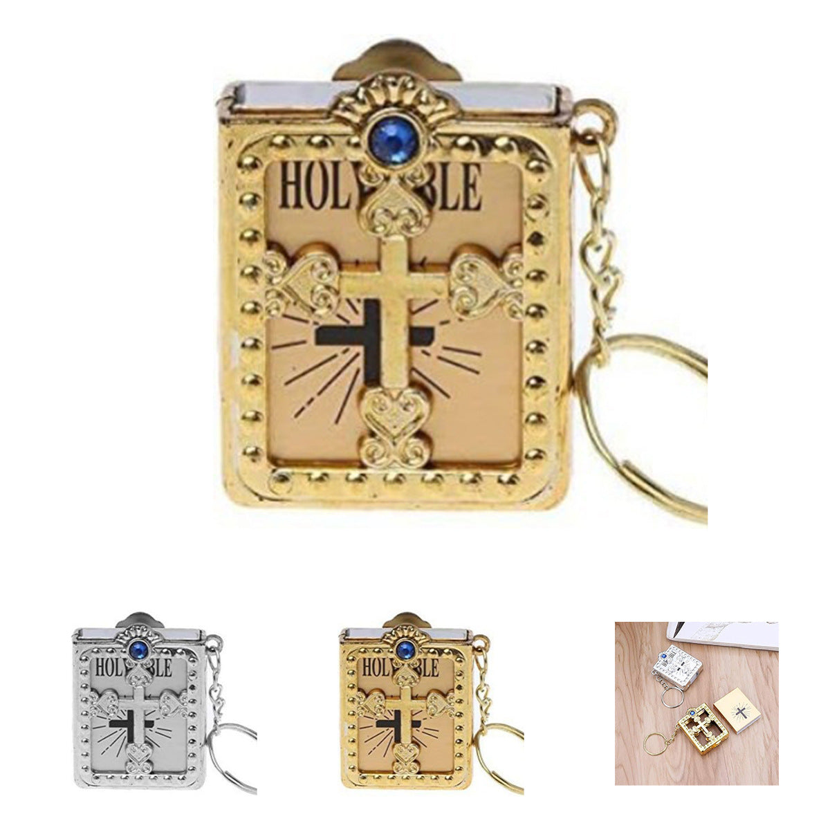 dht™⭐Mini Holy Bible Keychain Religious Favor Christian Jesus Keychain Keyring (Golden and Silver)