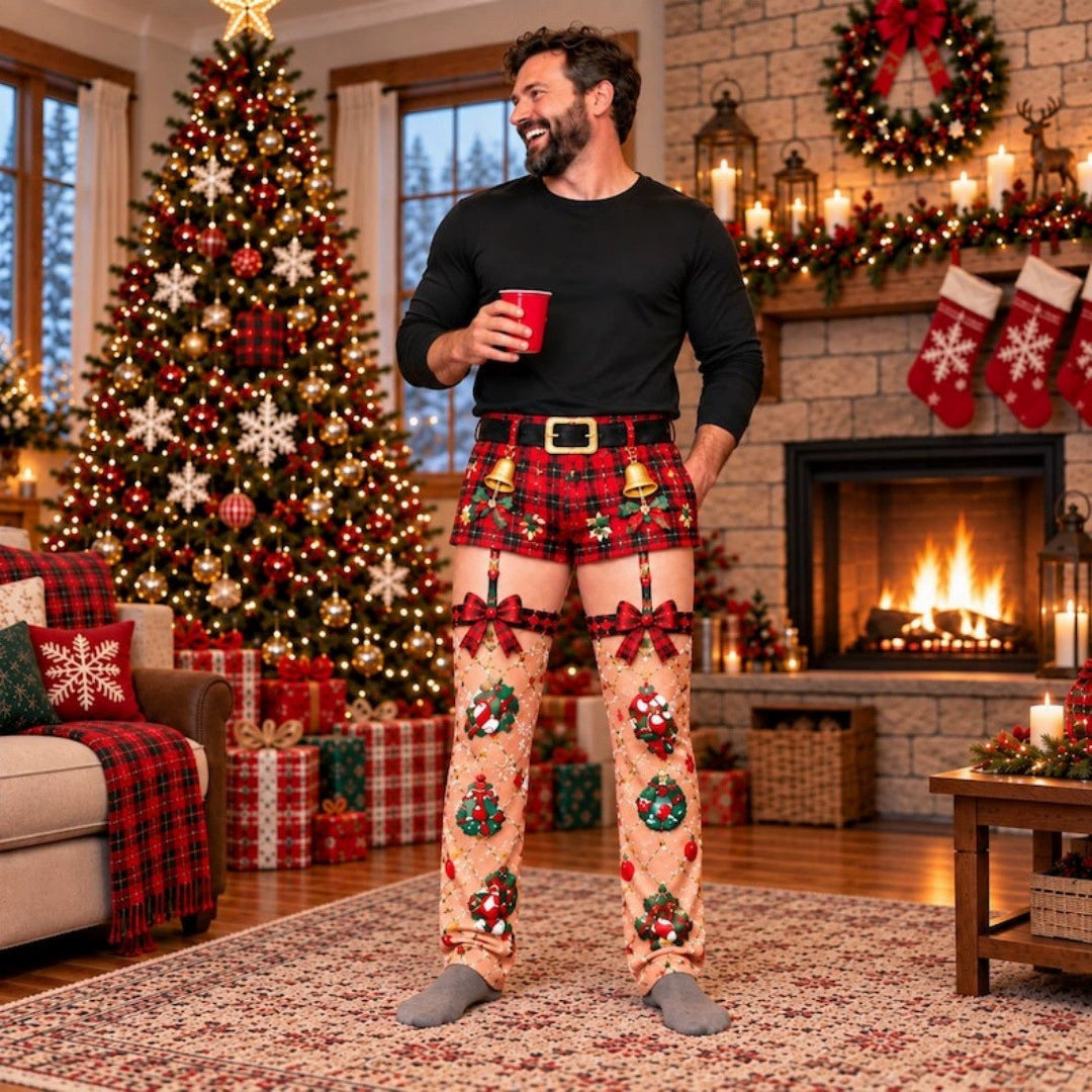 dht™⭐Christmas Funny Illusion 3D Thong Print Plaid Straight Sweatpants