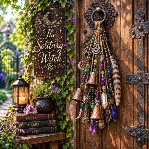 🌙 Witchy Door Charm | Celestial Hanging Décor with Moons, Crystals, Beads, Feathers & Vintage Bells for Doors