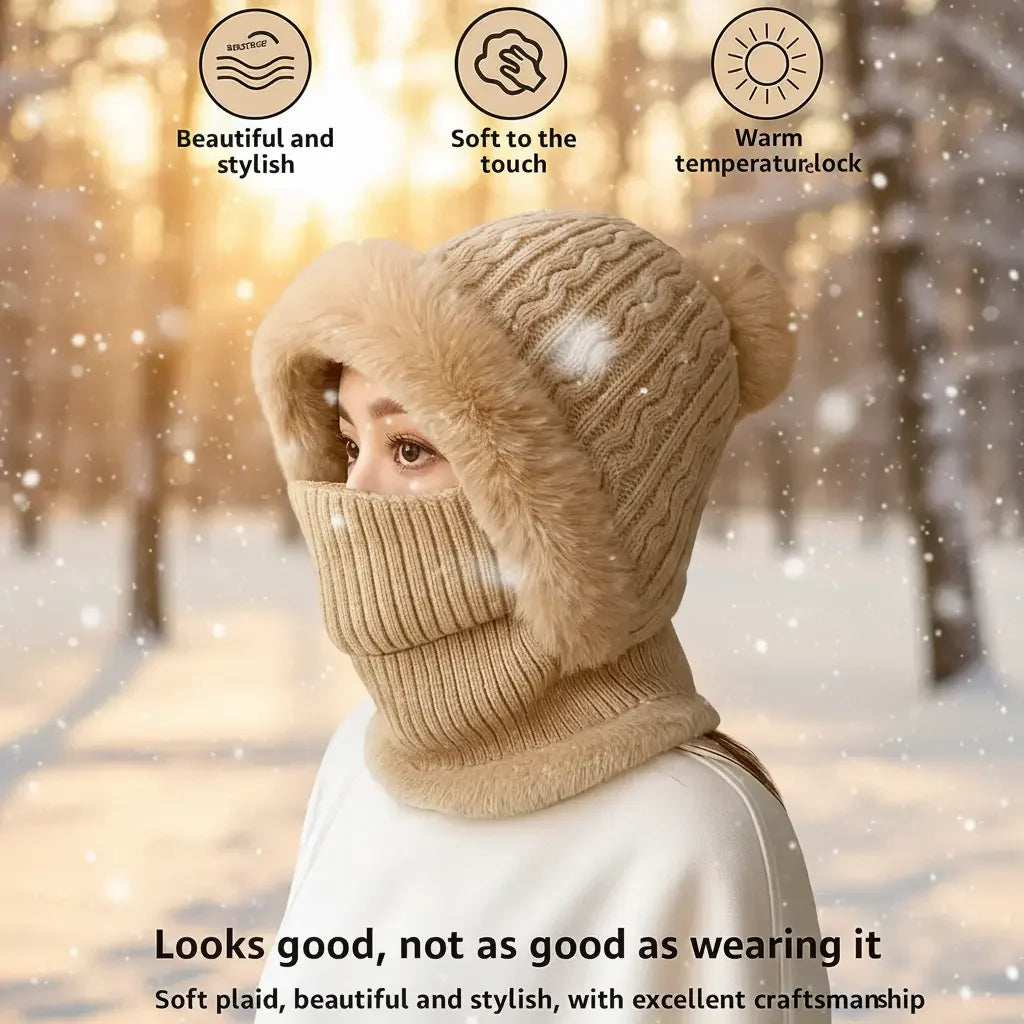 3 in 1 Winter Beanie Hat Scarf Mask Hat For Women