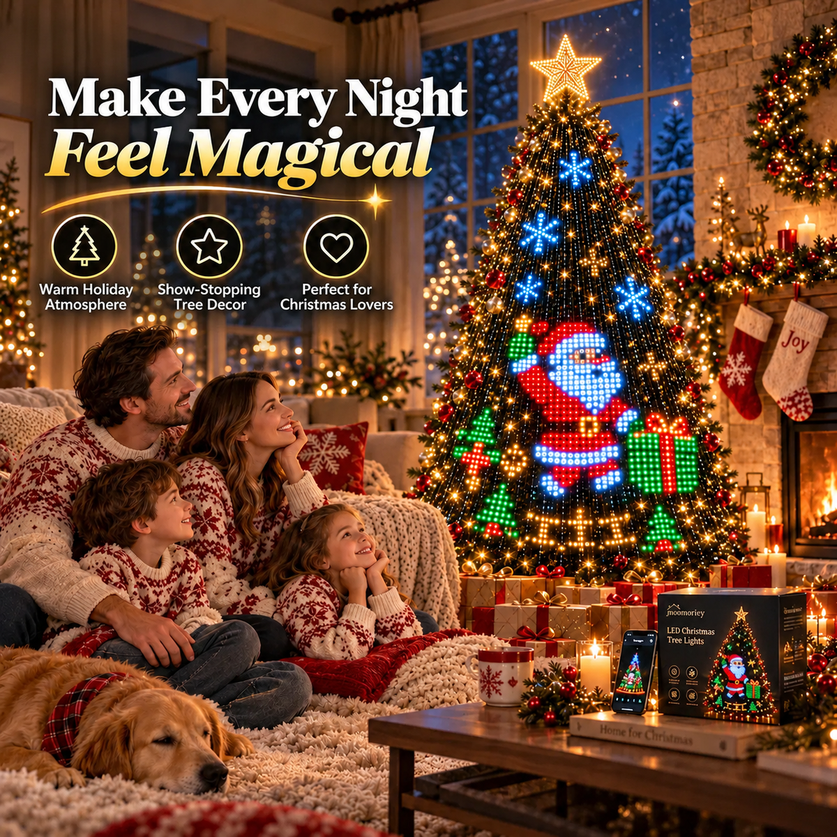 Family enjoying smart animated Christmas tree lights