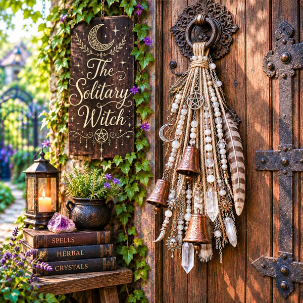 🌙 Witchy Door Charm | Celestial Hanging Décor with Moons, Crystals, Beads, Feathers & Vintage Bells for Doors