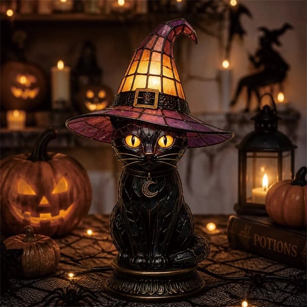 🐈‍⬛Gothic Stained Glass Witch Black Cat Table Lamp