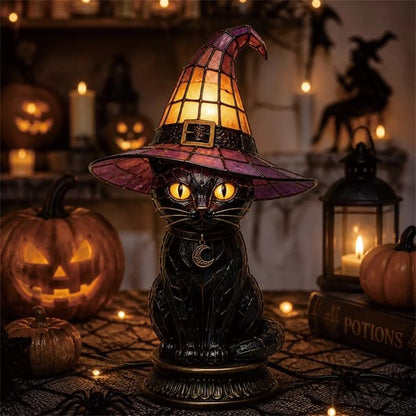 🐈‍⬛Gothic Stained Glass Witch Black Cat Table Lamp