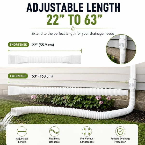 🏡 Flexible Rain Gutter Downspout Extension Kit – Adjustable 22"-63" Drain Pipe with Leaf Filter for Foundation Protection