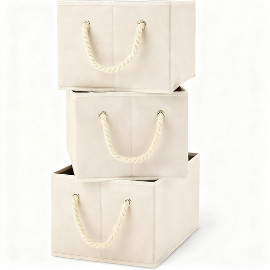 Natural Linen Rope-Handled Storage Bins (Set of 3)