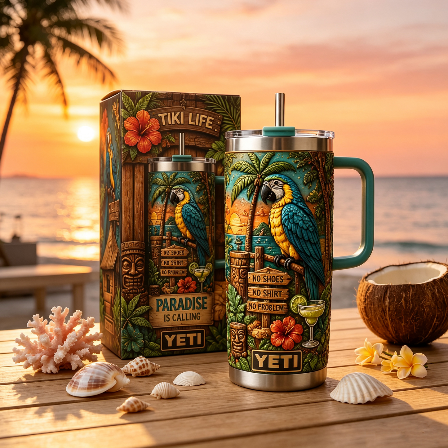 🌴Personalized Tiki Life Tropical Parrot Beach 40oz Handle Tumbler