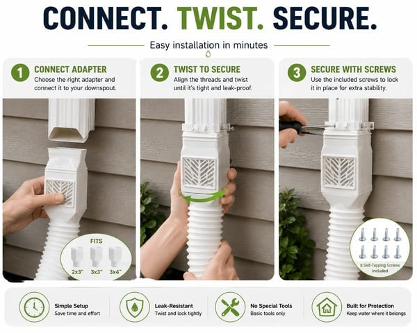 🏡 Flexible Rain Gutter Downspout Extension Kit – Adjustable 22"-63" Drain Pipe with Leaf Filter for Foundation Protection