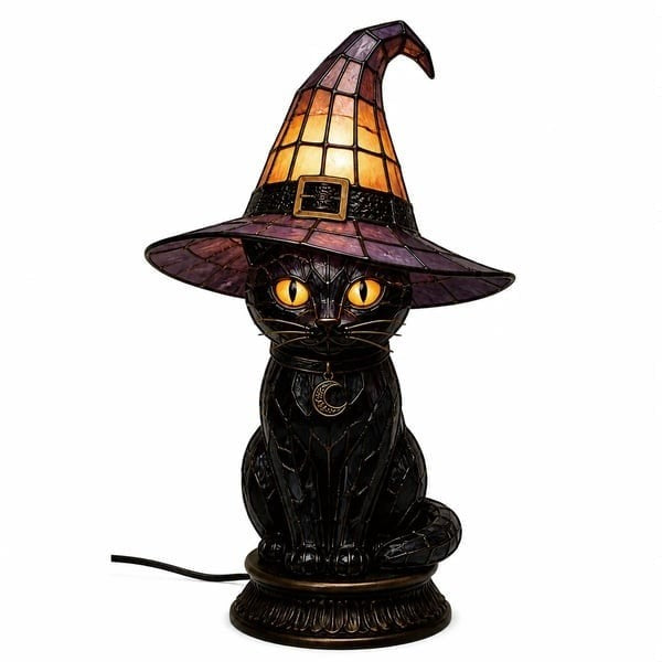 🐈‍⬛Gothic Stained Glass Witch Black Cat Table Lamp