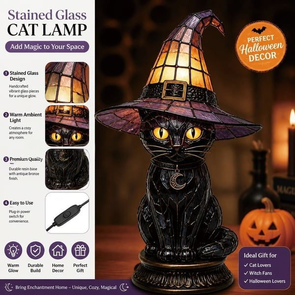 🐈‍⬛Gothic Stained Glass Witch Black Cat Table Lamp
