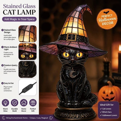 🐈‍⬛Gothic Stained Glass Witch Black Cat Table Lamp