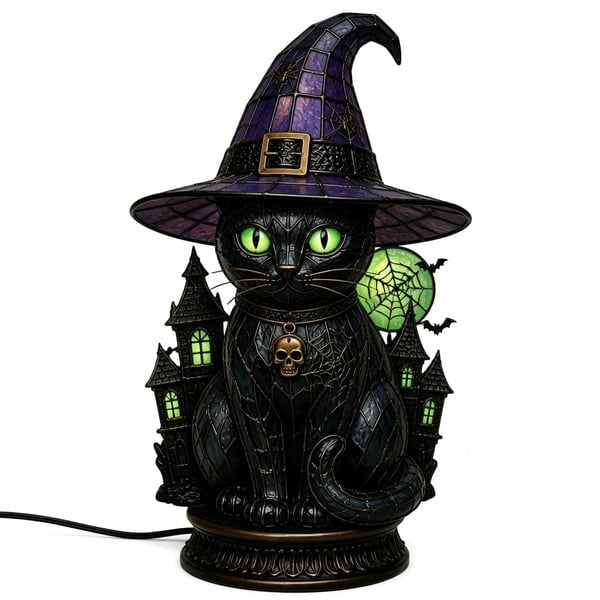 🐈‍⬛Gothic Stained Glass Witch Black Cat Table Lamp