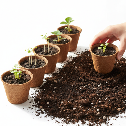 Coconut coir seedling pots filled with soil and sprouting green seedlings
