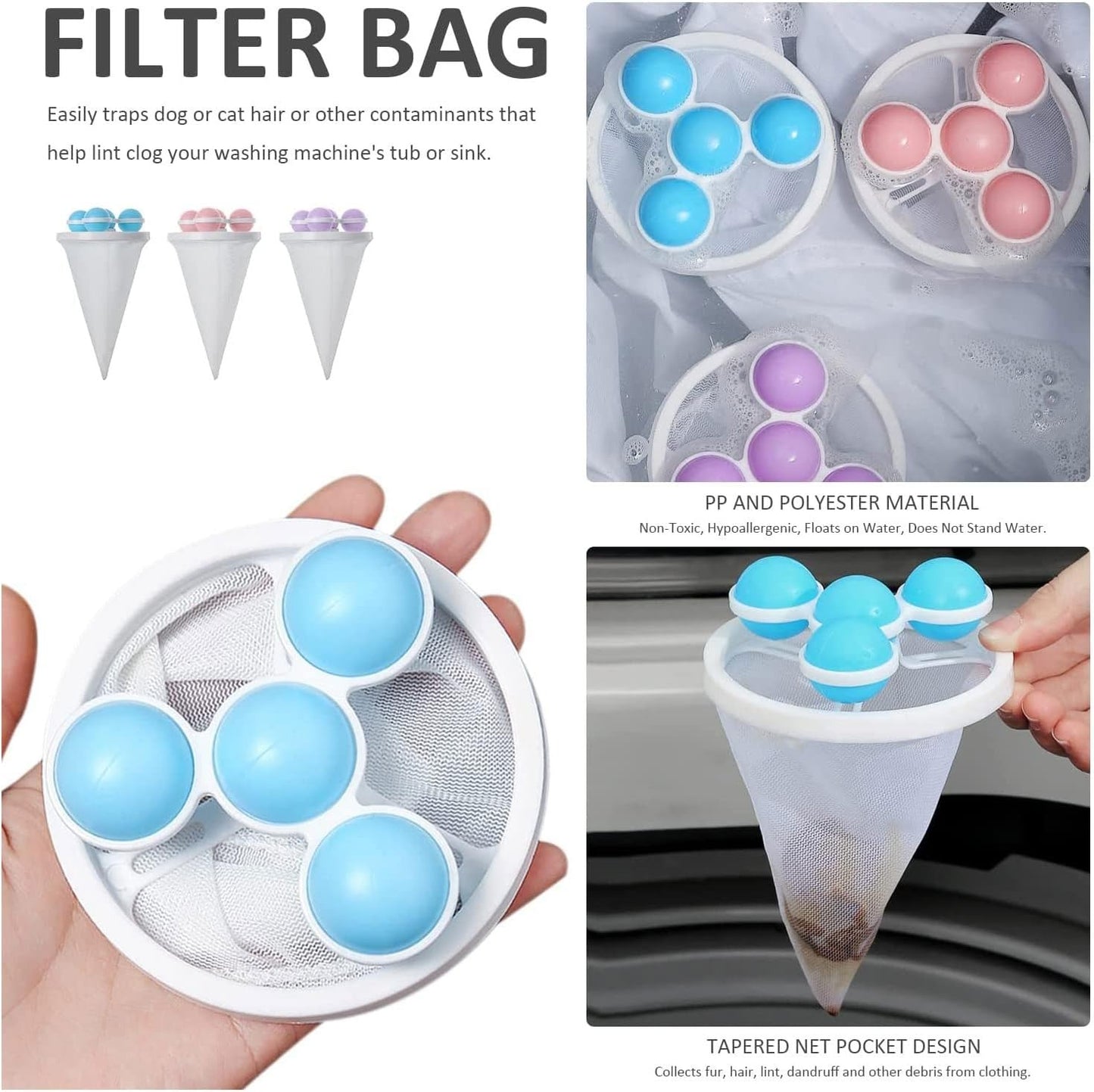 3pcs Washing Machine Floating Hair Catcher Clothes Fluff Filter Bag