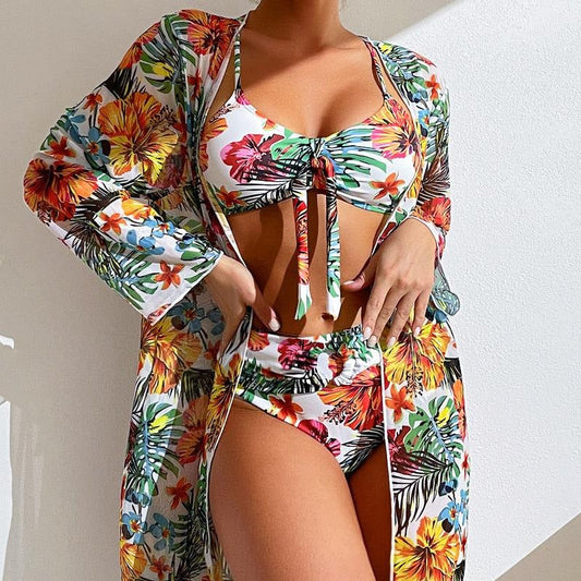 Women's 3 Piece Swimsuit Floral Print Halter Bikini Set