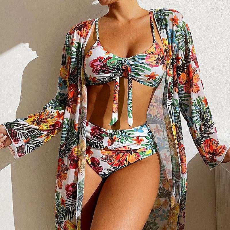 Women's 3 Piece Swimsuit Floral Print Halter Bikini Set