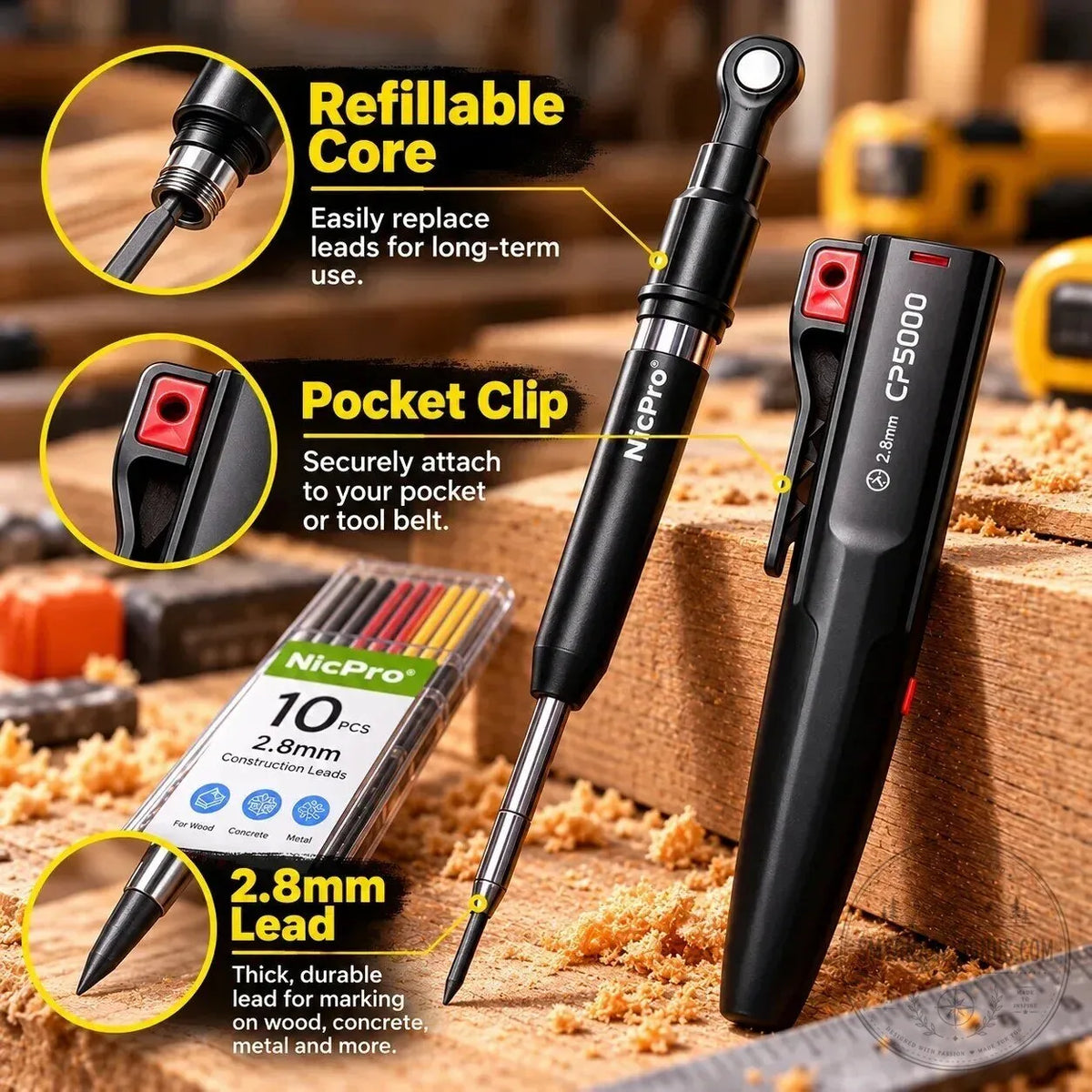 NicPro 2.8mm Mechanical Carpenter Pencil with Lead Refill Set for Construction