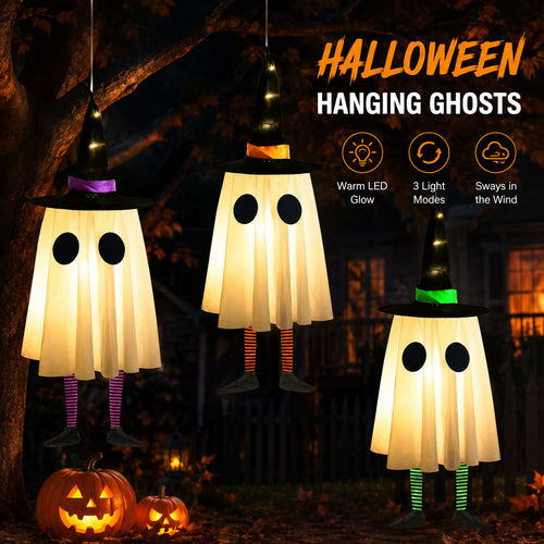 👻 Halloween Hanging Ghosts with Witch Hat Lights