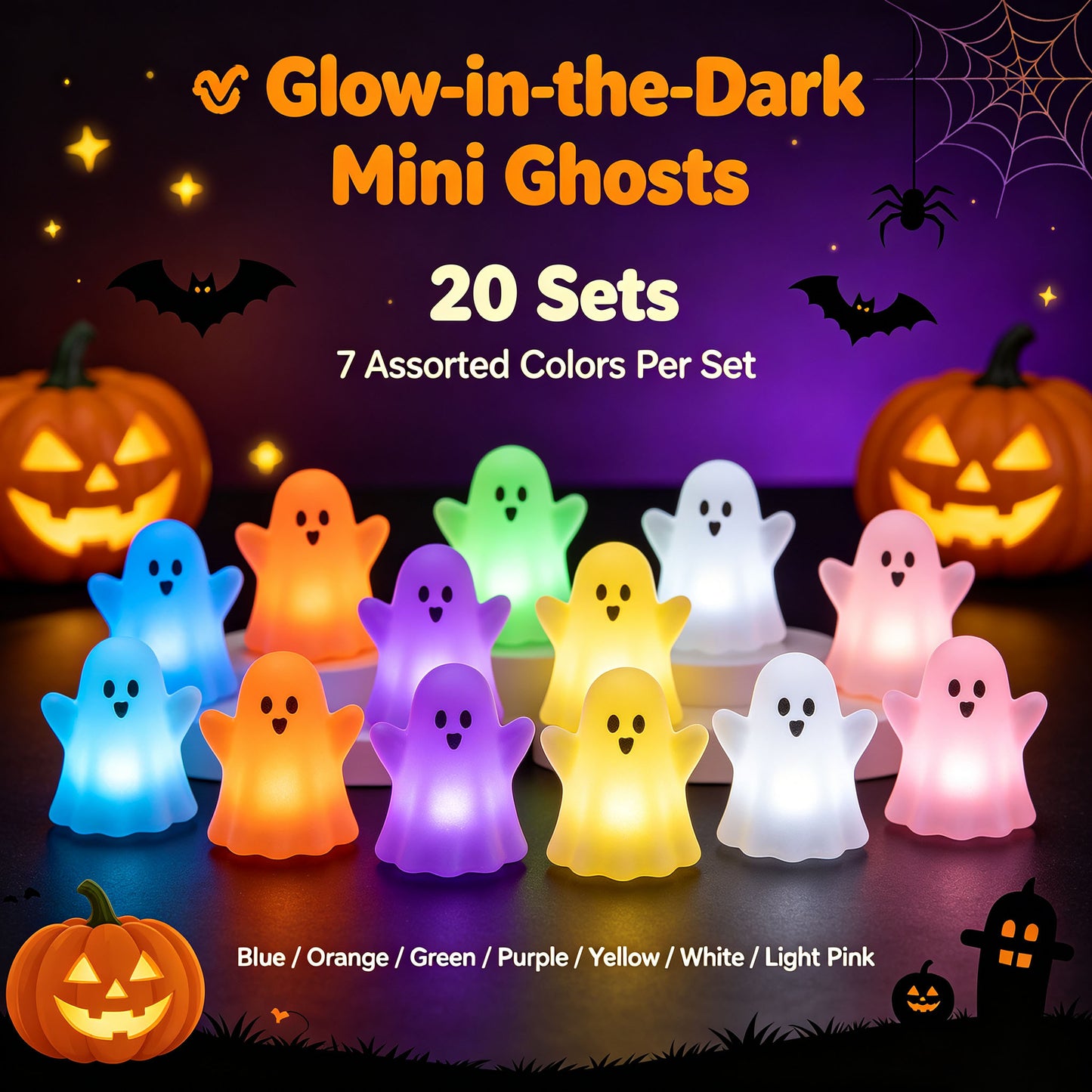 🎃 Glow‑in‑the‑Dark Mini Ghosts – Cute Halloween Hanging Decorations, 7 Assorted Colors Per Set